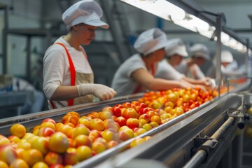 Efficient Team of Workers Inspecting and Sorting Fresh Fruits on Conveyor Belt in Food Processing Plant