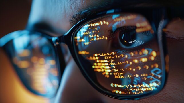 Intense close-up of a hacker's eyes reflecting a cryptic computer code, representing focused cyber expertise and the penetrating gaze of digital surveillance.