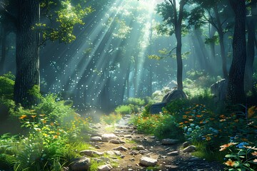 Obraz premium A person sitting on a rock in the middle of a forest