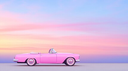A pink convertible car drives against a pastel sunset, creating a vibrant and whimsical atmosphere.