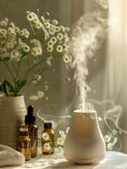 An ultrasonic aromatherapy diffuser releases mist with essential oils beside delicate baby's breath flowers in a tranquil setting, symbolizing peace and wellness.