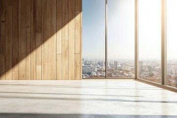 A large window in a room with a city view