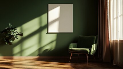 A green chair is sitting in front of a white wall