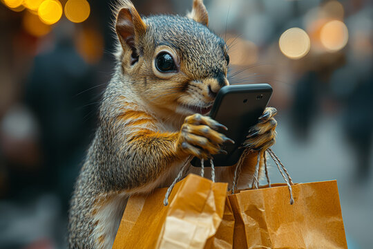 A squirrel balancing multiple shopping bags while on a phone call shows the chaos of consumer life. Concept of animals in human roles.