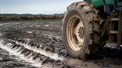 Close-up of a muddy tractor tire on a field, showcasing deep tread patterns and wet soil after rainfall. Ideal for agriculture themes.