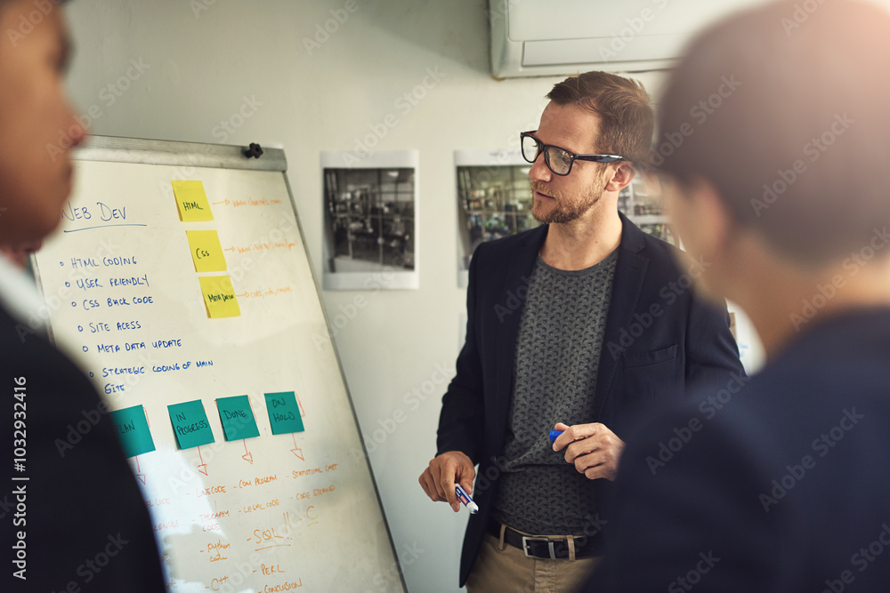Poster Business, man or presentation with whiteboard in boardroom for workflow steps or strategy process of interface feedback. Web developer, team or diagram for user friendly website or software solutions