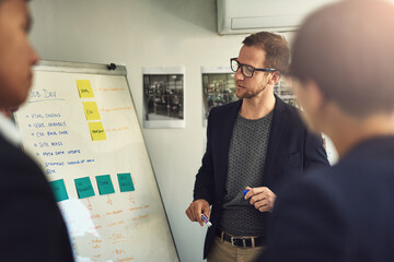 Business, man or presentation with whiteboard in boardroom for workflow steps or strategy process...