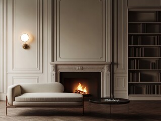 A fireplace with a mantle and a couch in front of it