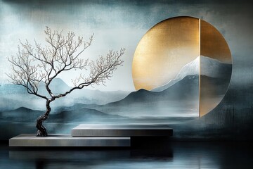 a tranquil scene with a twisted tree on a platform, misty mountains in the background, and a golden circular element resembling the sun, creating a harmonious blend of nature and abstract geometry