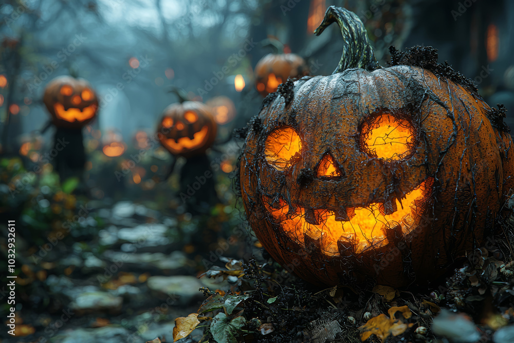 Poster a pumpkin patch with haunted scarecrows that seem to move in the shadows creates a sinister setting 