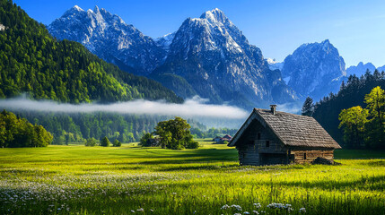 Obraz premium Serene mountain landscape with a rustic cabin.