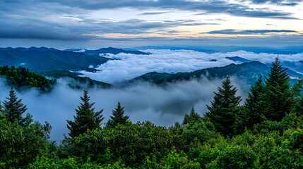 Serene mountain landscape with clouds at sunset.