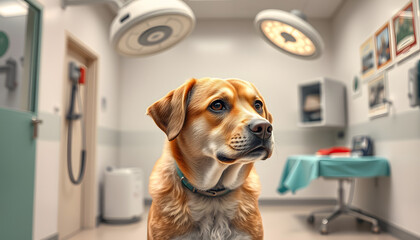 The dog waiting to receive a surgery at the animal clinic. (Medicine, canine, operation, health concept) isolated with white highlights, png