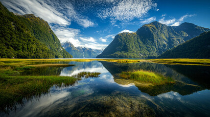 Serene mountain landscape with reflective water.