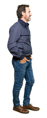 Obraz premium Middle age handsome man wearing a jacket looking to side, relax profile pose with natural face with confident smile.