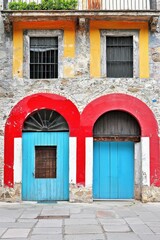 Fototapeta premium Two blue and red doors in front of a yellow and red building