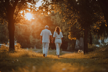 Elderly couple walking hand in hand through a sunlit park during golden hour near a serene lake in late spring