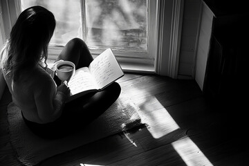 A person enjoys a quiet morning reading a book and sipping coffee by a window with soft light filtering in