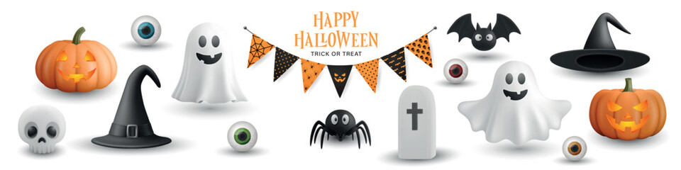 3D Halloween Cartoon Icons Set. Spooky, Cute, Fun Halloween Illustrations for Festive Decorations. Trick or Treat, Haunted Concept. Halloween Cartoon Graphics, Design Template Collection