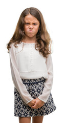 Brunette hispanic girl skeptic and nervous, frowning upset because of problem. Negative person.