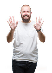 Naklejka premium Young caucasian hipster man wearing casual t-shirt over isolated background showing and pointing up with fingers number nine while smiling confident and happy.