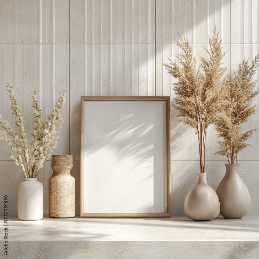 Wall mural A white frame with a picture sits on a shelf next to two vases