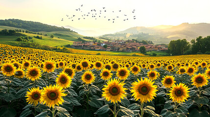Obraz premium Vibrant sunflower field at sunset with village backdrop.