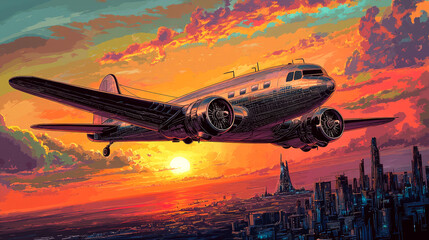 Naklejka premium Vintage airplane flying over a vibrant sunset.