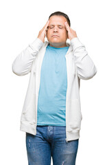 Fototapeta premium Middle age arab man wearing sweatshirt over isolated background with hand on head for pain in head because stress. Suffering migraine.