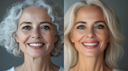 Before and after of a senior woman smiling, transitioning from aged, thinning lips with wrinkles to fuller, youthful lips and smooth skin