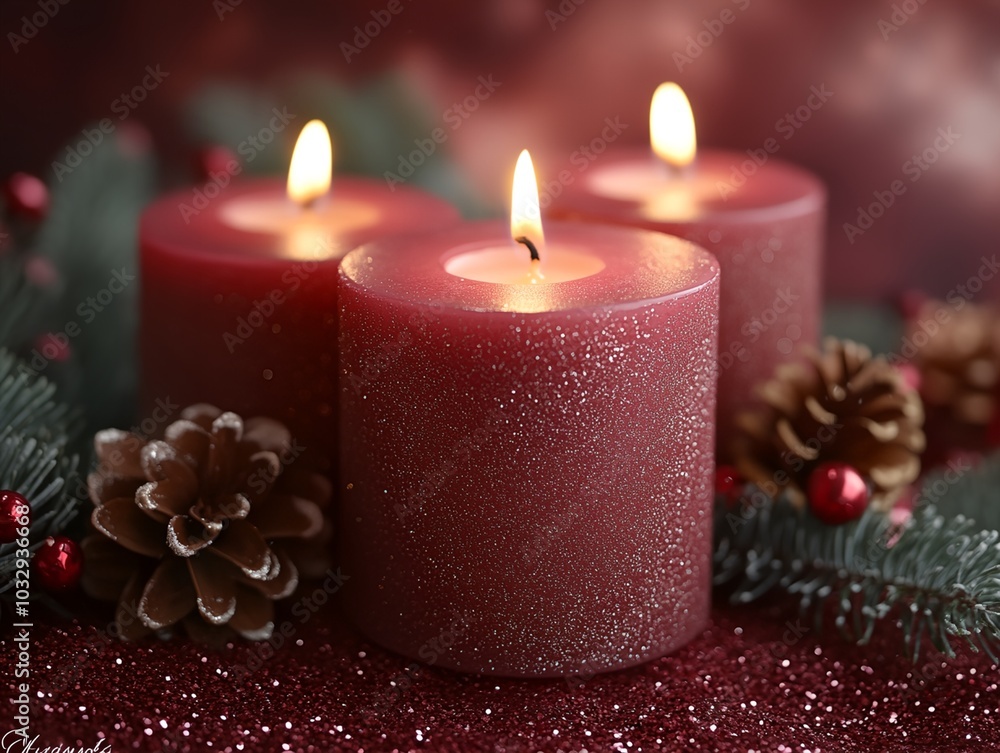 Poster three candles are lit on a red background with pine cones and berries. the candles are arranged in a