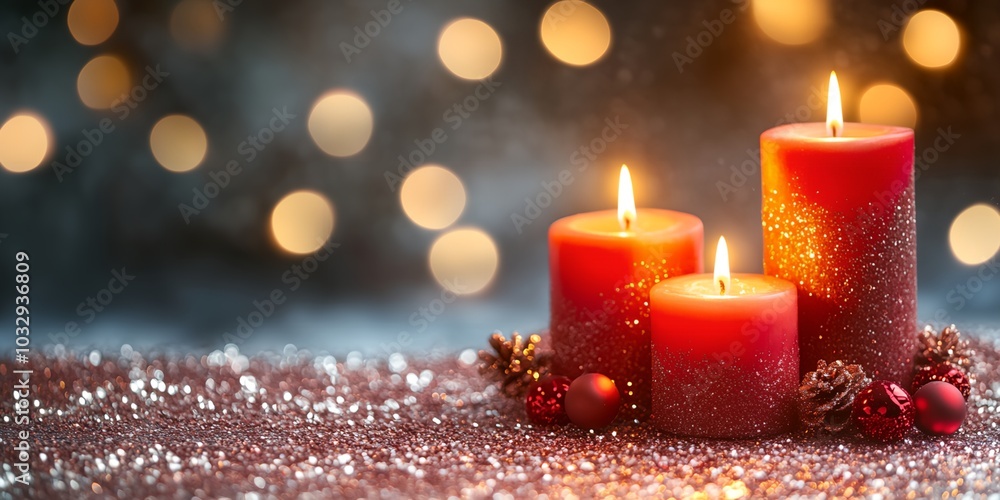 Poster three red candles are lit on a table with a red background. the candles are arranged in a row and ar