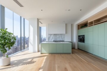 A large kitchen with a white counter and green cabinets