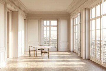 A large room with a table and chairs