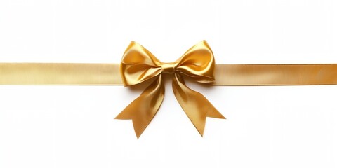 A gold ribbon with a bow is shown on a white background. The ribbon is long and has a gold color. The bow is also gold and is placed at the end of the ribbon