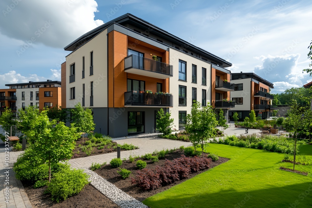 Poster a large apartment building with a green courtyard and a brick walkway. the building has a modern des