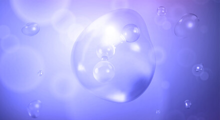 Molecules inside bubbles on blue background. Water serum bubble. Cosmetic essence. Concept skin care cosmetics solution. Vector 3d illustration