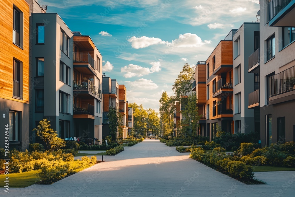 Poster a row of apartment buildings with a large, empty walkway between them. the walkway is lined with tre