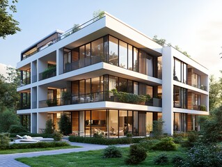 Fototapeta premium A large white building with a green roof and many windows. The building has a modern design and he is a residential building