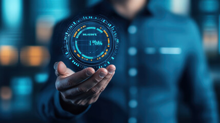 Innovative businessman holding digital interest rate graph, showcasing technology