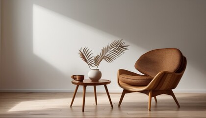 A mid-century modern chair paired with a small round coffee table, set against empty white walls, creating a minimalist and stylish living space