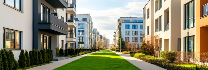 A row of apartment buildings with a grassy median in between. The buildings are mostly white and have balconies