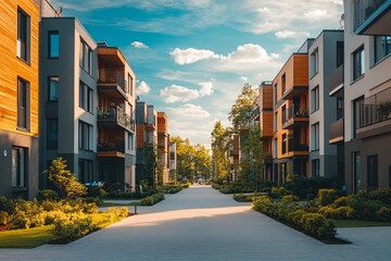A row of apartment buildings with a large, empty walkway between them. The walkway is lined with trees and bushes, and the sky is clear and blue