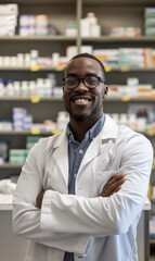 Obraz premium confident pharmacist in lab coat smiles and standing in pharmacy by medicine shelves, offering professional and organized healthcare services, selling drugs and vitamins