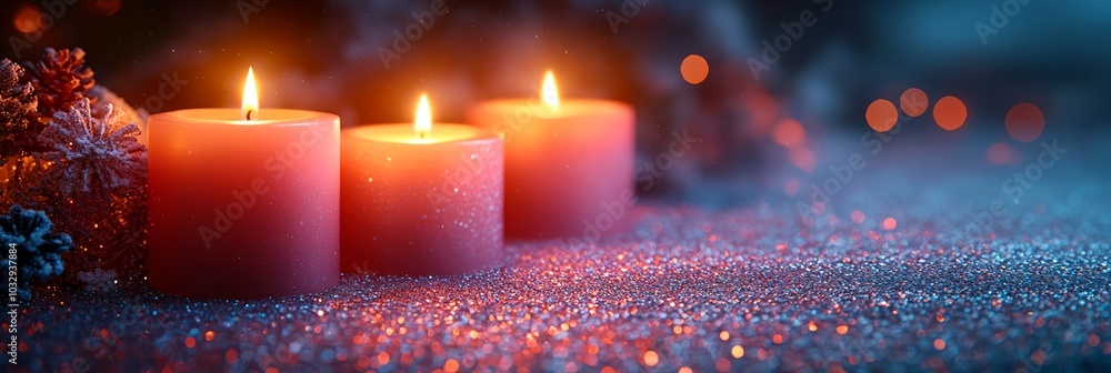 Poster three candles are lit on a table with a blue background. the candles are red and are placed in a row