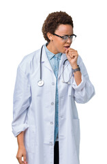 Young african american doctor woman wearing medical coat over isolated background feeling unwell and coughing as symptom for cold or bronchitis. Healthcare concept.