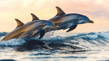 Dolphins jumping through ocean waves at sunset, showcasing their grace and beauty