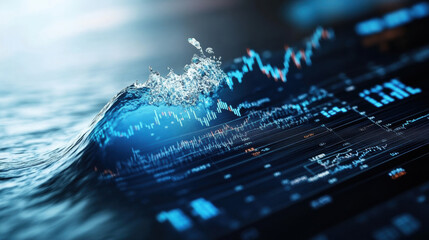 Crystal clear water wave reflecting market data graph creates dynamic visual
