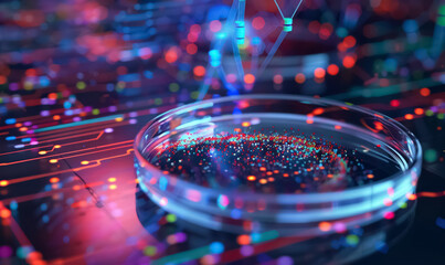 futuristic petri dish displaying glowing cells and structures surrounded by digital data and molecular structures, advanced research in genetics and biotechnology