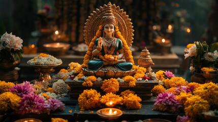 Fototapeta premium A beautifully decorated altar with flowers, candles, and a statue of Goddess Lakshmi. Copy space, Lakshmi Puja